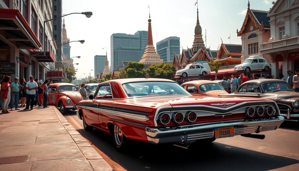 A bustling street in the heart of Bangkok, classic cars line the sidewalks under the warm glow of the sun. In the foreground, a gleaming 1960s Chevrolet Impala with its chrome trim and tailfins stands out, surrounded by an eclectic mix of vintage Volkswagen Beetles, Ford Mustangs, and Toyota Corollas. The middle ground reveals a vibrant scene, with locals and tourists alike admiring the meticulously maintained vehicles, snapping photos, and sharing stories. In the background, the iconic skyscrapers and temples of Bangkok's skyline provide a striking contrast, creating a unique blend of old and new. The overall atmosphere is one of nostalgia, passion, and the enduring appeal of Bangkok's classic car culture.
