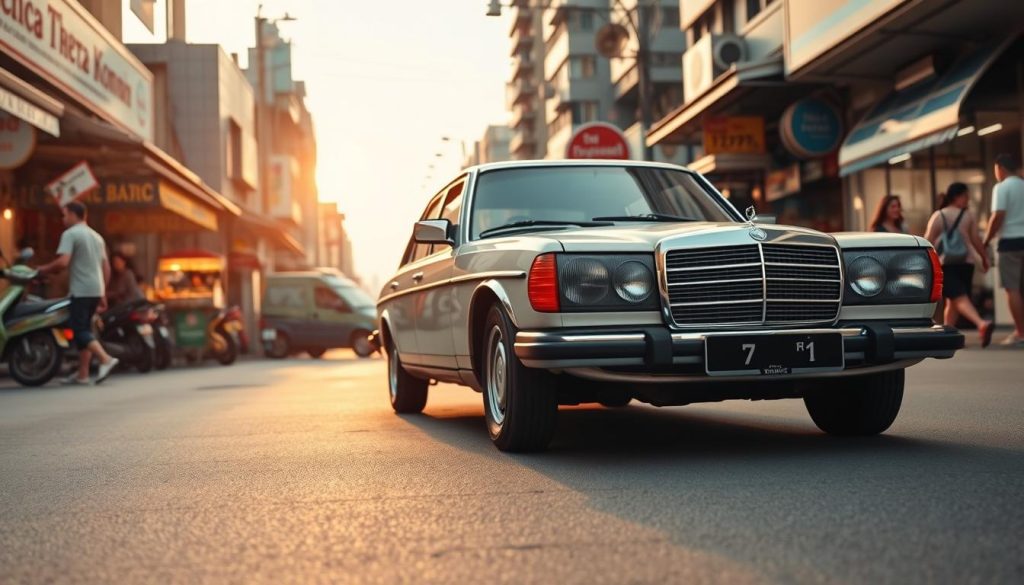 A classic Mercedes-Benz W123 sedan sits on a bustling Bangkok street, its timeless lines and chrome accents gleaming under the warm afternoon sunlight. The car is parked in the foreground, with the vibrant cityscape of shops, food stalls, and pedestrians in the middle and background. The image is captured at a low angle, emphasizing the car's solid, imposing presence. The scene conveys a sense of nostalgia and enduring elegance, reflecting the W123's reputation as an indestructible German classic that has stood the test of time in the heart of Thailand's dynamic capital.