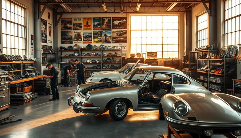 A grand, well-lit Porsche restoration workshop in Bangkok, Thailand. In the foreground, skilled technicians meticulously disassemble and restore a vintage Porsche 911, their focus and expertise evident in their movements. The middle ground showcases an array of rare Porsche parts, meticulously organized on shelves. In the background, large windows flood the space with natural light, casting a warm, golden glow over the scene. The workshop exudes an atmosphere of dedication, precision, and a reverence for the legacy of the Porsche brand. Gleaming tools, vintage posters, and the occasional whir of an engine create a harmonious symphony of automotive restoration.