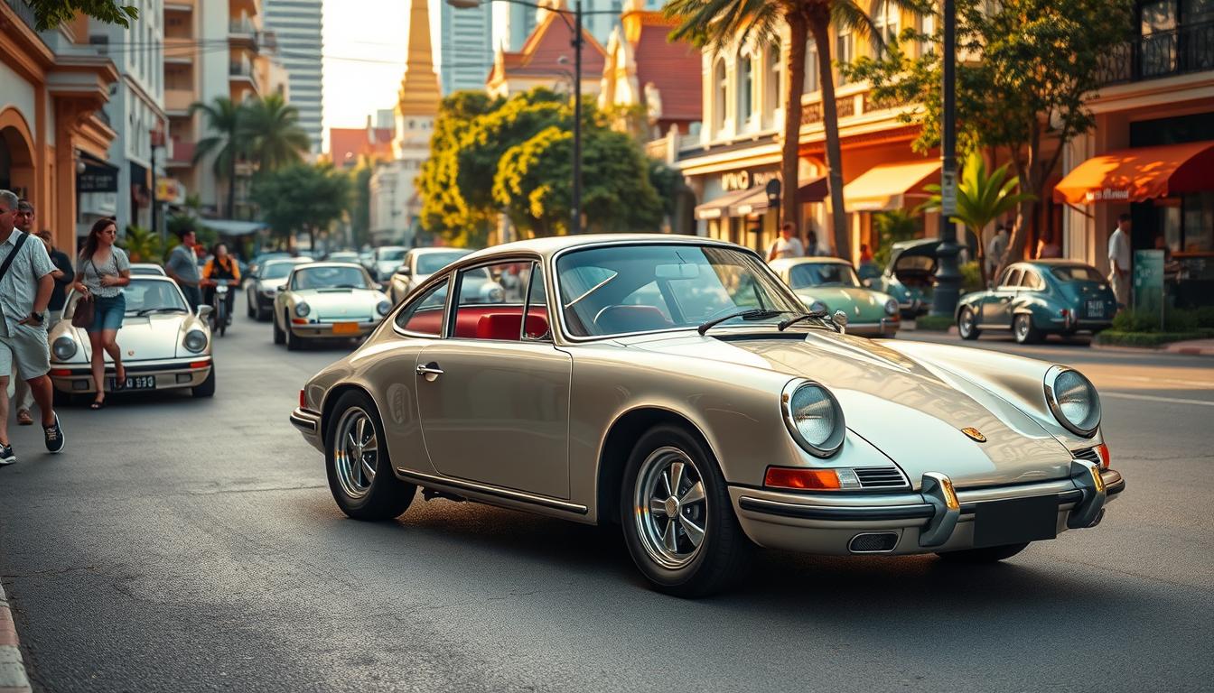 A luxurious Porsche automobile takes center stage in a bustling Bangkok street, surrounded by the vibrant energy of Thailand's car culture. The vehicle's sleek, meticulously restored body gleams under the warm, golden sunlight, its curves and lines reflecting the skilled craftsmanship of the local restoration experts. In the foreground, pedestrians and passersby admire the car, captivated by its timeless elegance. In the middle ground, other Porsches and classic cars line the street, showcasing the city's burgeoning enthusiasm for automotive preservation. The background is filled with the vibrant hues of Thai architecture, lush foliage, and the bustling energy of the city, creating a dynamic and immersive scene that celebrates Bangkok's emergence as a global hub for Porsche restoration.