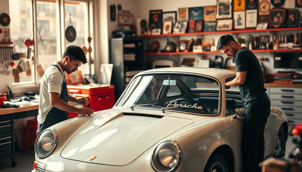 A meticulously crafted Porsche sits in a bright, airy workspace, surrounded by tools and parts. The soft, natural lighting casts a warm glow, highlighting the car's sleek curves and gleaming finish. In the foreground, a skilled technician delicately polishes the bodywork, their hands moving with precision and care. In the middle ground, another technician examines the intricate engine, their brow furrowed in concentration. The background reveals shelves filled with vintage Porsche memorabilia, a testament to the shop's deep passion for the brand. The atmosphere exudes a blend of meticulous craftsmanship and unwavering dedication, capturing the essence of Porsche restoration in Bangkok.