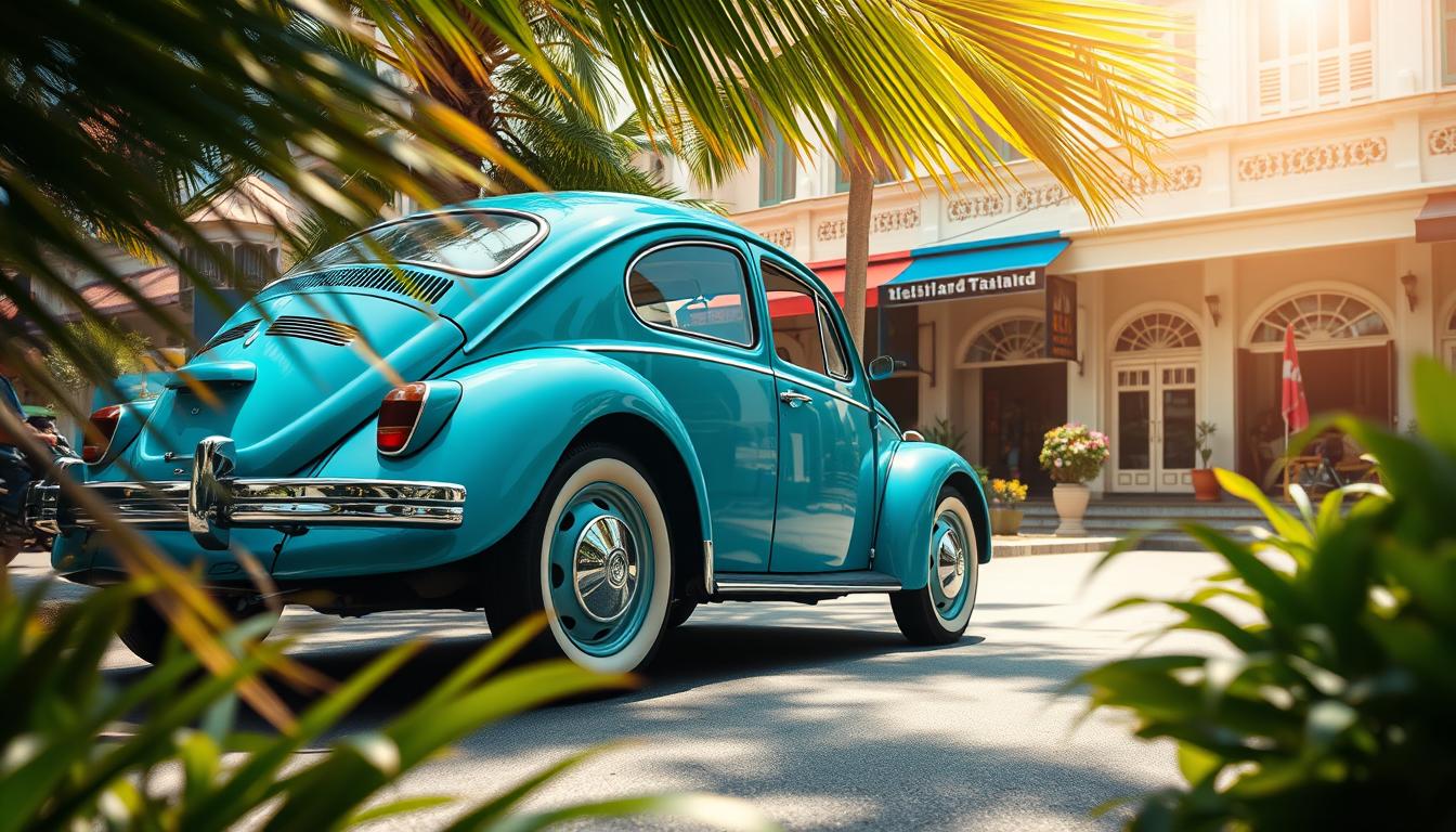 A sun-dappled street in Bangkok, Thailand. In the foreground, a pristine vintage Volkswagen Beetle in a vibrant turquoise hue, its rounded body and distinctive curved fenders shimmering in the warm light. The car is parked at an angle, its chrome trim and whitewalled tires gleaming. In the middle ground, lush tropical foliage frames the scene, with swaying palm fronds and colorful flowering plants. In the background, a row of traditional Thai shophouses in pastel shades, their intricate architectural details visible. The overall mood is one of timeless charm, capturing the enduring appeal of this beloved "People's Car" in the heart of Thailand's bustling capital.