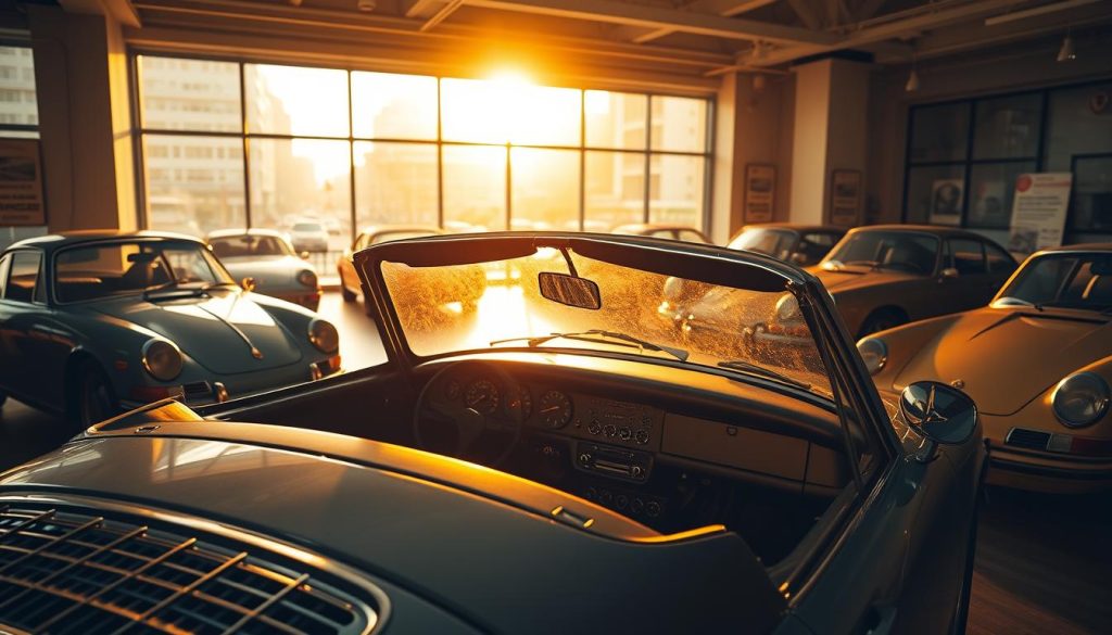 A vintage Porsche showroom in the heart of Bangkok, Thailand. The room is bathed in warm, golden light, casting a nostalgic glow over the meticulously restored classic Porsche models on display. The polished, chrome-accented dashboard of a 1970s 911 Targa takes center stage, surrounded by gleaming bodywork and intricate trim details. In the background, a panoramic window offers a glimpse of the bustling streets outside, hinting at the rich automotive history that has unfolded in this vibrant city. The overall atmosphere evokes a sense of timeless elegance and a deep appreciation for the iconic Porsche brand's enduring legacy in Thailand.